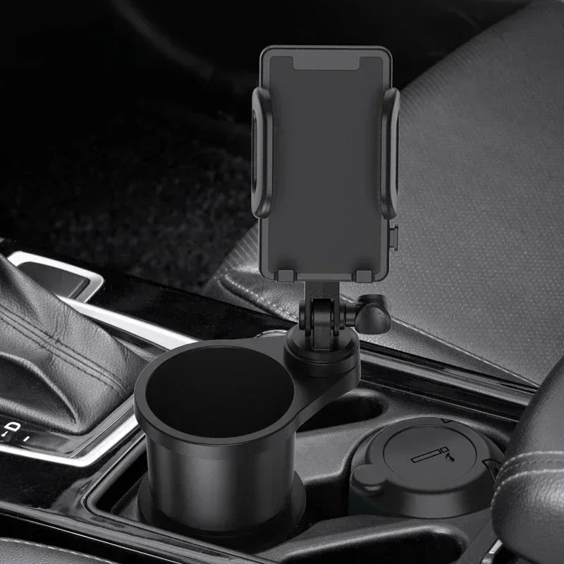 Car Cup Holder Expander with Phone Mount — phone mount and cup holder installed beside gear shifter