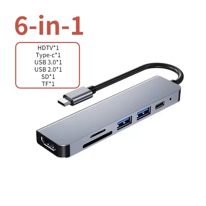 6-in-1 USB-C hub showing HDMI, one Type-C, USB 3.0, USB 2.0, SD, and TF card ports