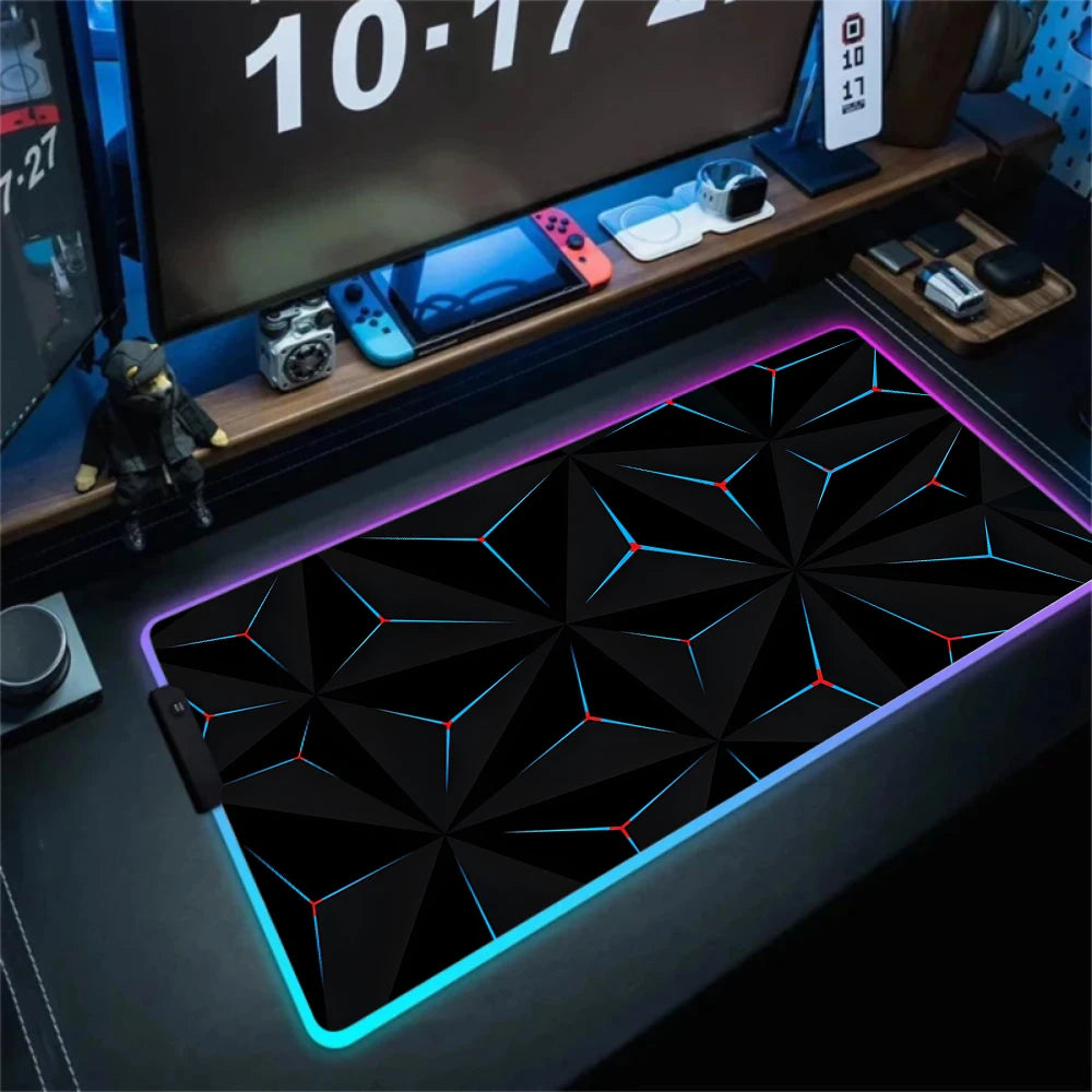 LED Light Gaming Mouse Pad 3D Geometric Desk Mat XXL RGB Game Accessories Large Rubber Anti-Slip PC Computer Carpet with Backlit