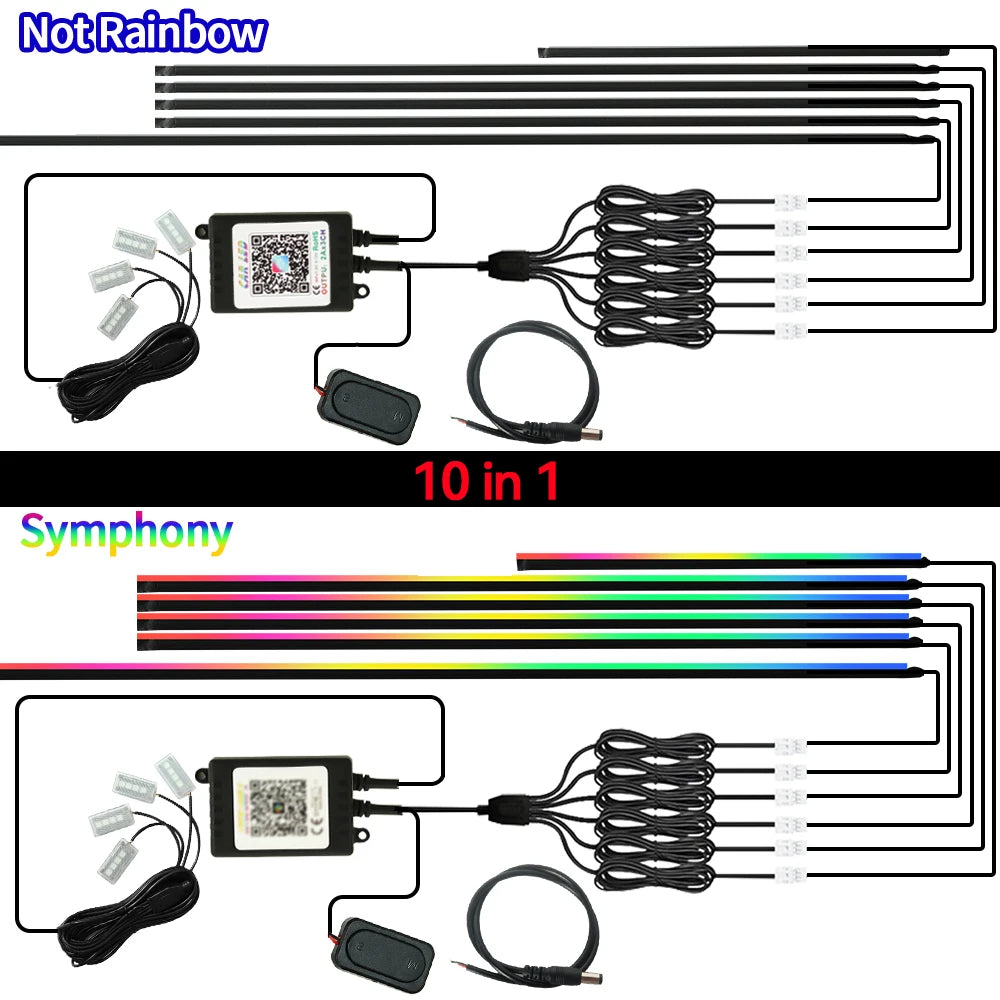 6/10/18 in 1 Car Ambient Light 64 Colors RGB Symphony Streamer Acrylic Hidden Music LED Strip Atmosphere Lamp Kit APP Control