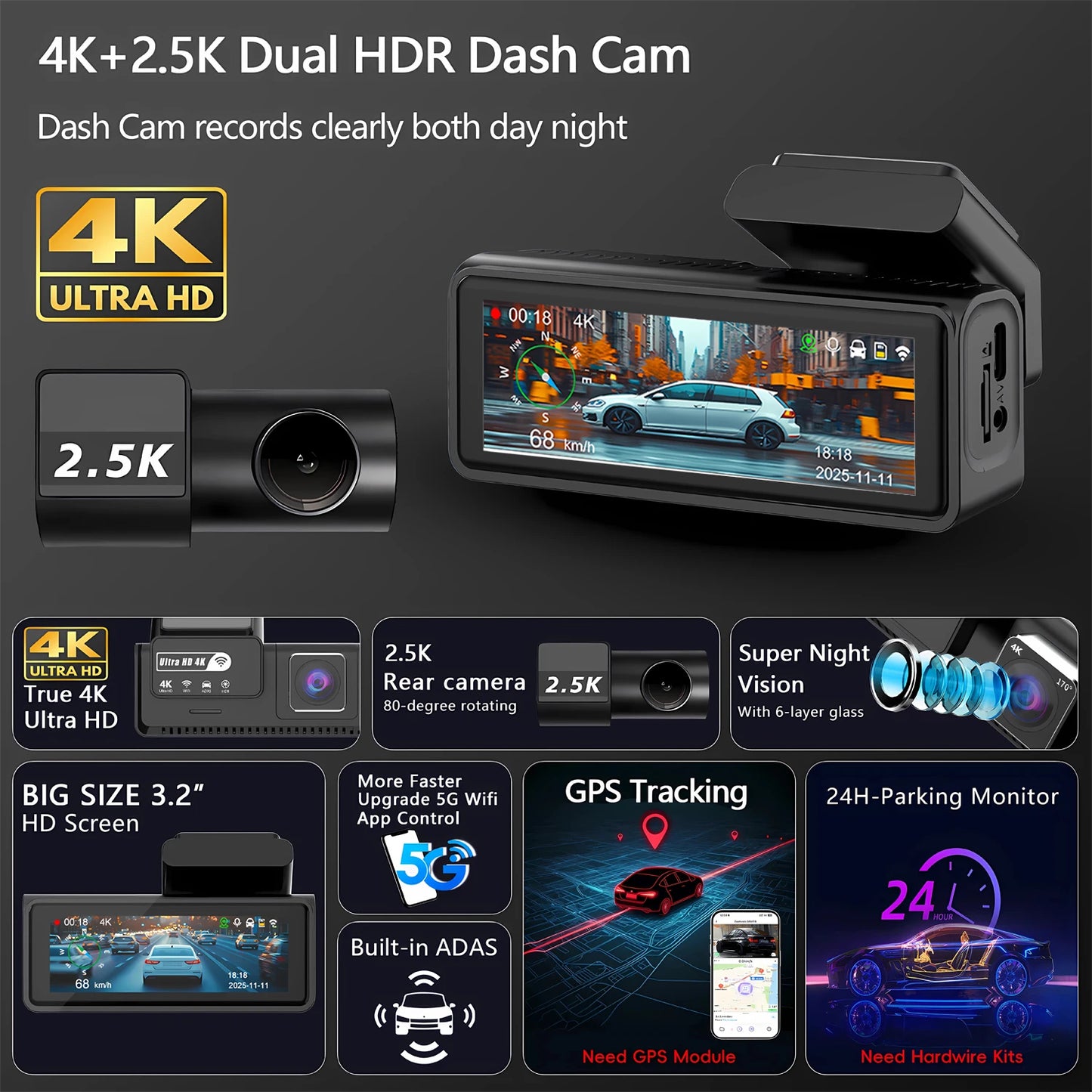 ADAS Dash Cam 4K+2.5K GPS WIFI 24H Night Vision Mini Optional Rear Lens Dashcam Car DVR Video Recorder Camera for Car Black Box