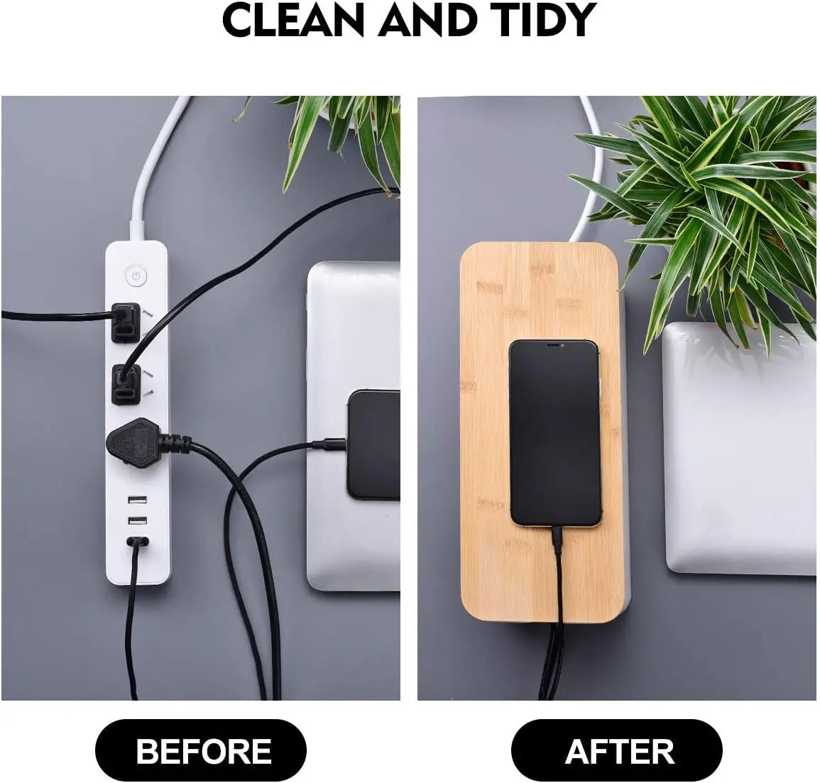 Cable Management Box, Cable Storage Box, Dustproof Wire Storage Box, Plastic Storage Box with Bamboo for TV Wires, USB Hub