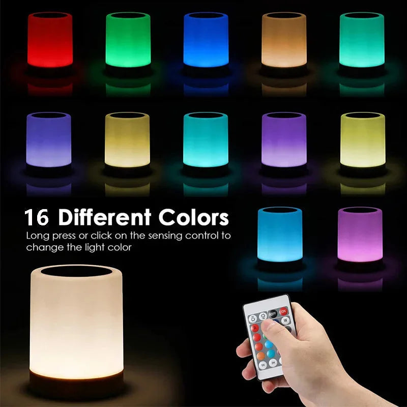 Smart touch bedside lamp shown in 16 RGB colors with wireless remote control