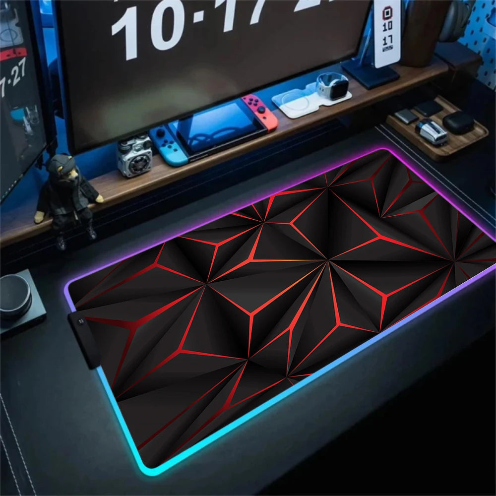 LED Light Gaming Mouse Pad 3D Geometric Desk Mat XXL RGB Game Accessories Large Rubber Anti-Slip PC Computer Carpet with Backlit