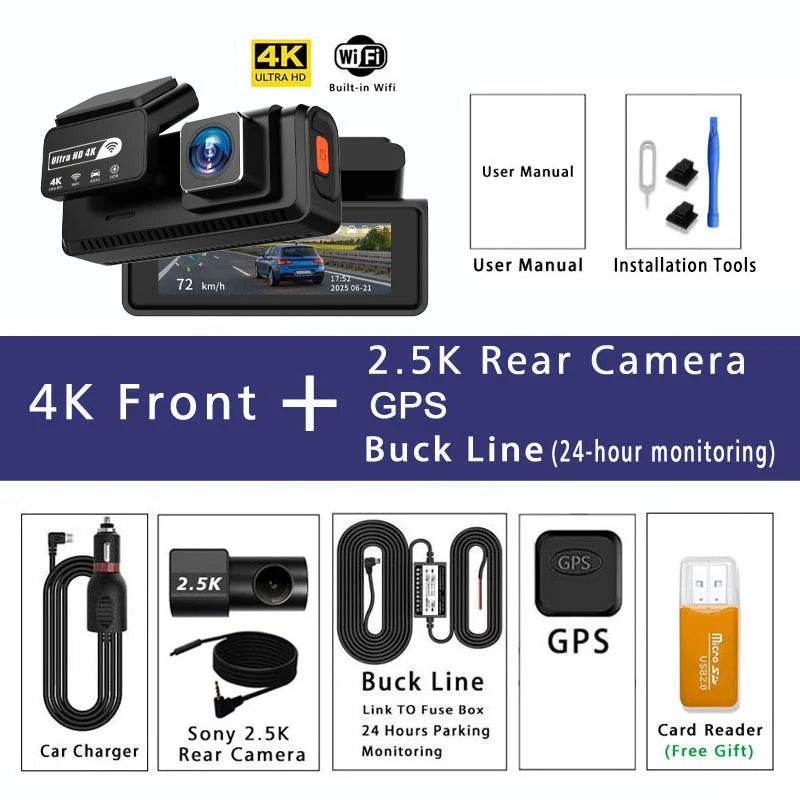 ADAS Dash Cam 4K+2.5K GPS WIFI 24H Night Vision Mini Optional Rear Lens Dashcam Car DVR Video Recorder Camera for Car Black Box