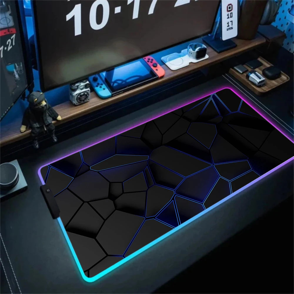 LED Light Gaming Mouse Pad 3D Geometric Desk Mat XXL RGB Game Accessories Large Rubber Anti-Slip PC Computer Carpet with Backlit