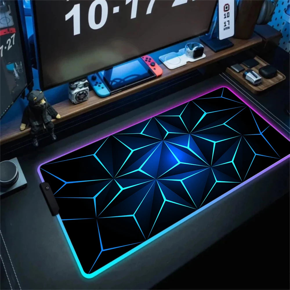 LED Light Gaming Mouse Pad 3D Geometric Desk Mat XXL RGB Game Accessories Large Rubber Anti-Slip PC Computer Carpet with Backlit