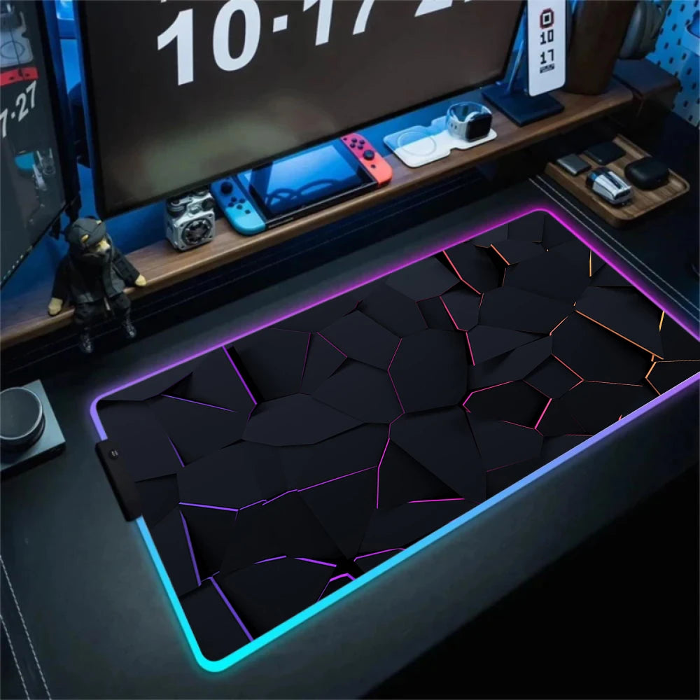 LED Light Gaming Mouse Pad 3D Geometric Desk Mat XXL RGB Game Accessories Large Rubber Anti-Slip PC Computer Carpet with Backlit