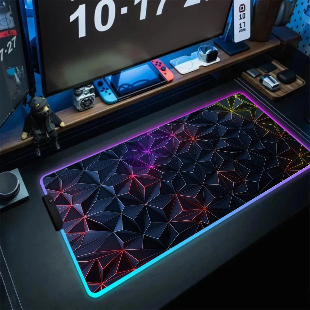LED Light Gaming Mouse Pad 3D Geometric Desk Mat XXL RGB Game Accessories Large Rubber Anti-Slip PC Computer Carpet with Backlit