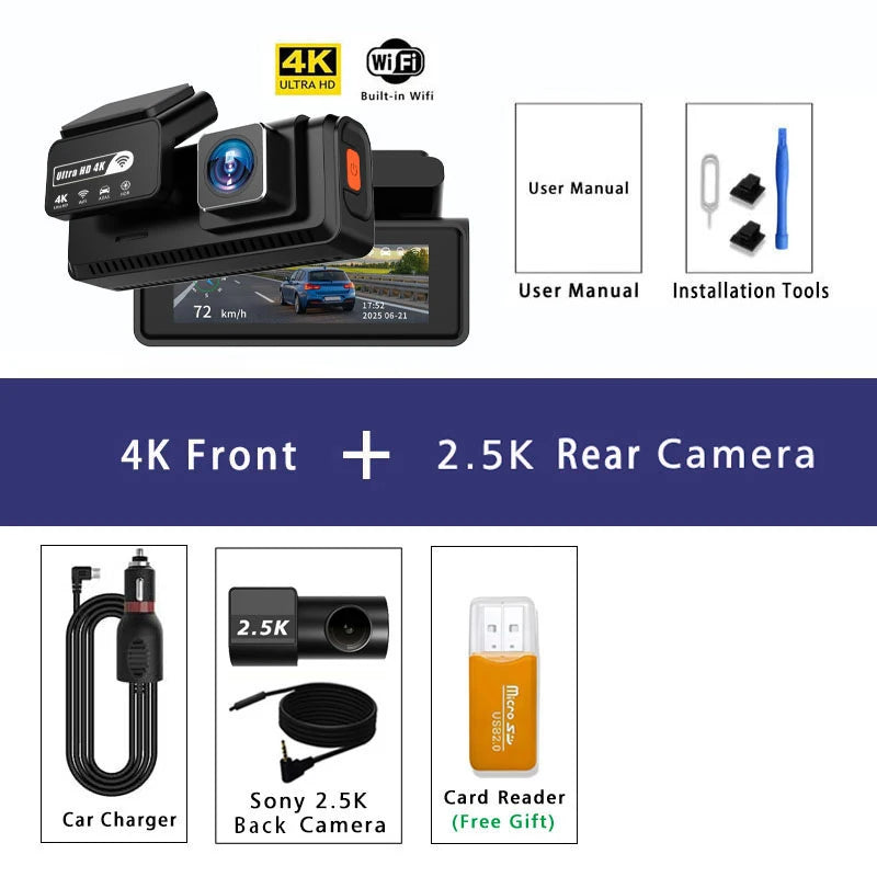 ADAS Dash Cam 4K+2.5K GPS WIFI 24H Night Vision Mini Optional Rear Lens Dashcam Car DVR Video Recorder Camera for Car Black Box