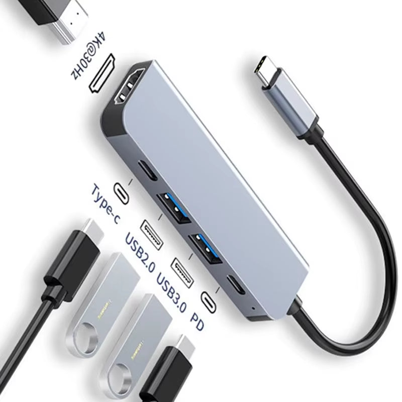 USB-C hub port diagram labeling the HDMI, Type-C, USB 2.0, USB 3.0, and PD charging ports, with two flash drives connected