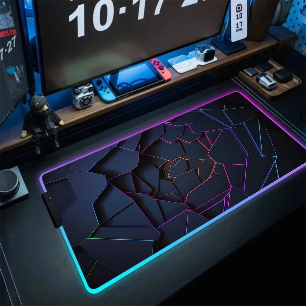 LED Light Gaming Mouse Pad 3D Geometric Desk Mat XXL RGB Game Accessories Large Rubber Anti-Slip PC Computer Carpet with Backlit
