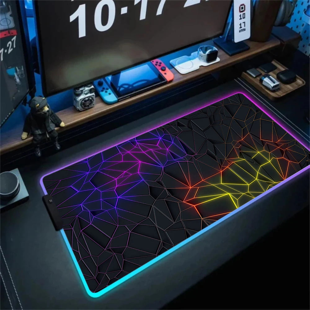 LED Light Gaming Mouse Pad 3D Geometric Desk Mat XXL RGB Game Accessories Large Rubber Anti-Slip PC Computer Carpet with Backlit