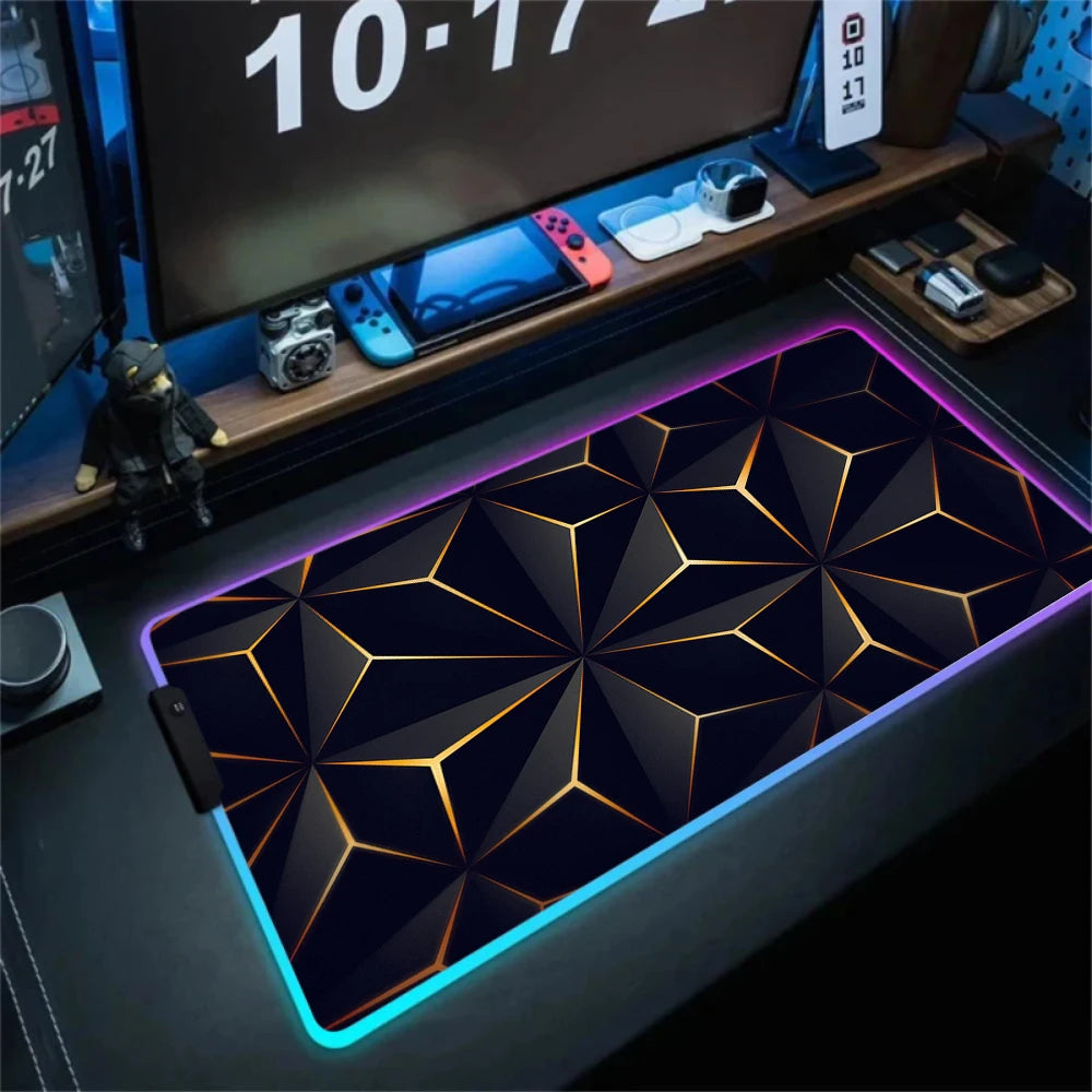 LED Light Gaming Mouse Pad 3D Geometric Desk Mat XXL RGB Game Accessories Large Rubber Anti-Slip PC Computer Carpet with Backlit