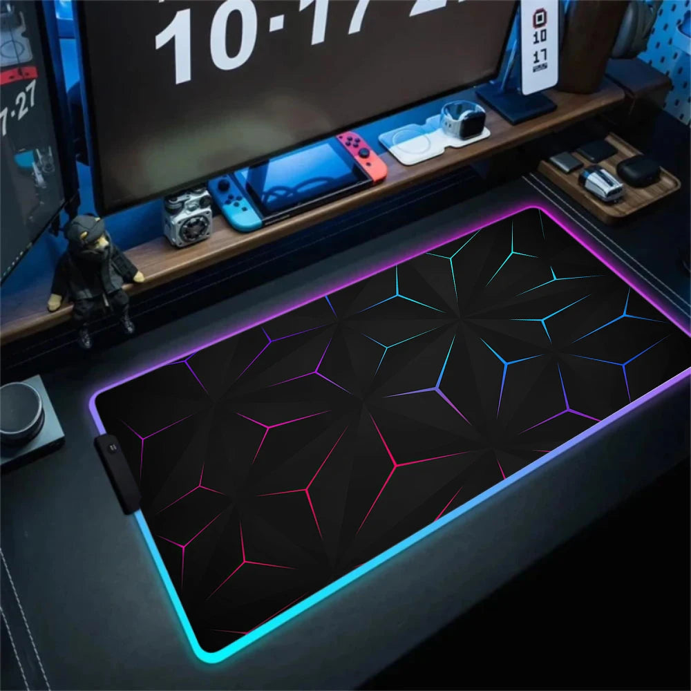 LED Light Gaming Mouse Pad 3D Geometric Desk Mat XXL RGB Game Accessories Large Rubber Anti-Slip PC Computer Carpet with Backlit