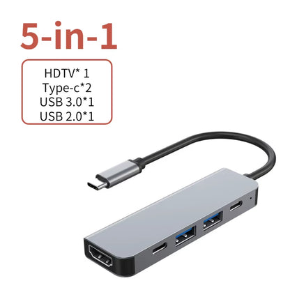 5-in-1 USB-C hub showing HDMI, two Type-C, USB 3.0, and USB 2.0 ports