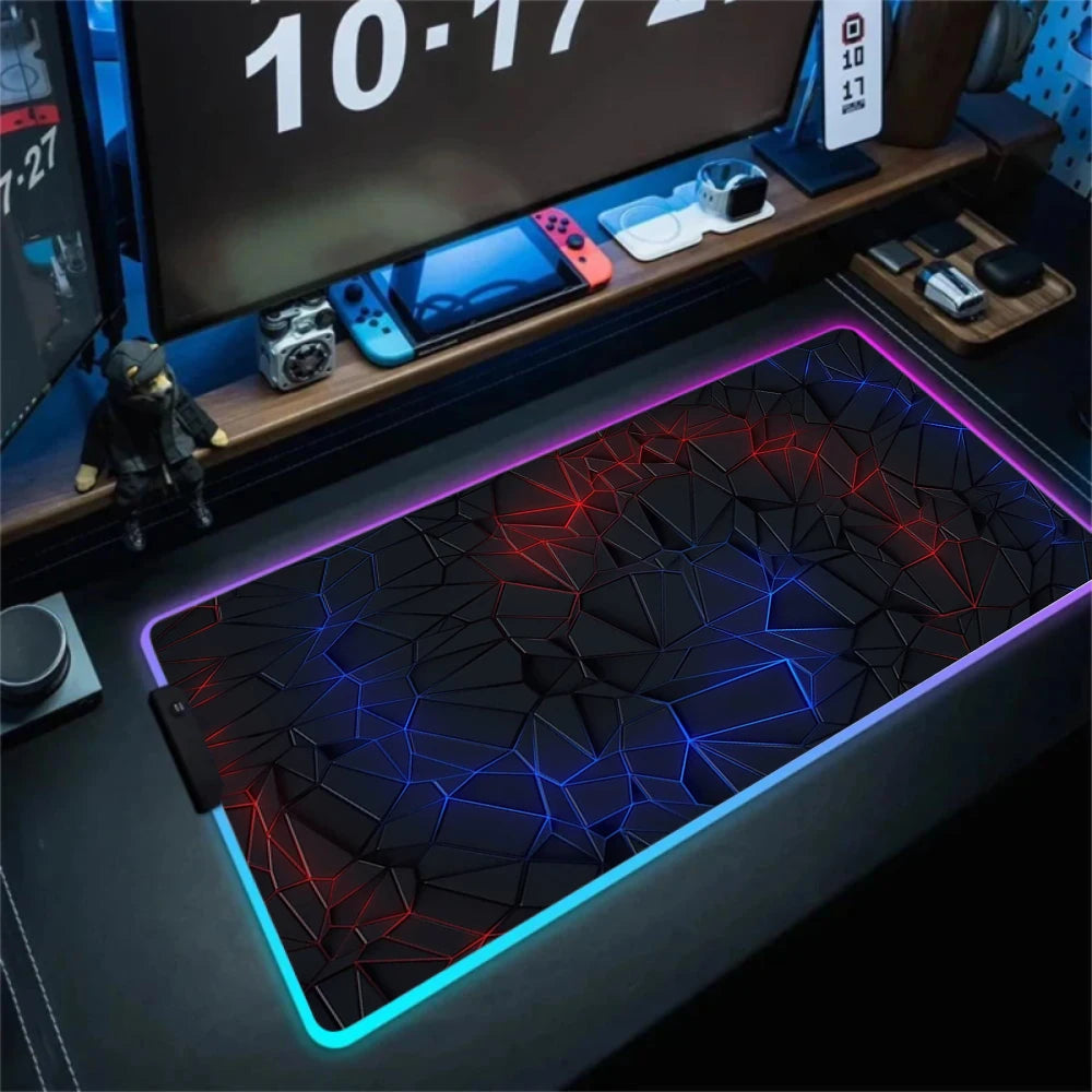 LED Light Gaming Mouse Pad 3D Geometric Desk Mat XXL RGB Game Accessories Large Rubber Anti-Slip PC Computer Carpet with Backlit