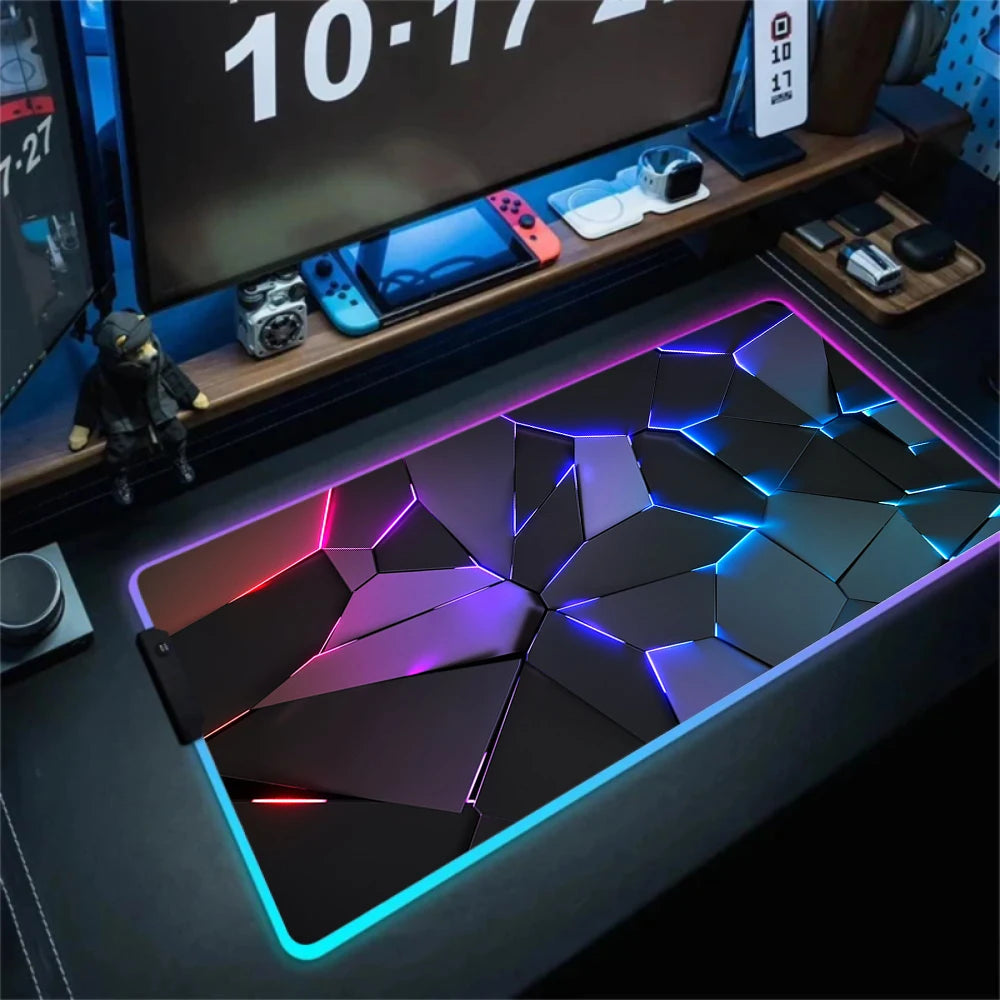 LED Light Gaming Mouse Pad 3D Geometric Desk Mat XXL RGB Game Accessories Large Rubber Anti-Slip PC Computer Carpet with Backlit