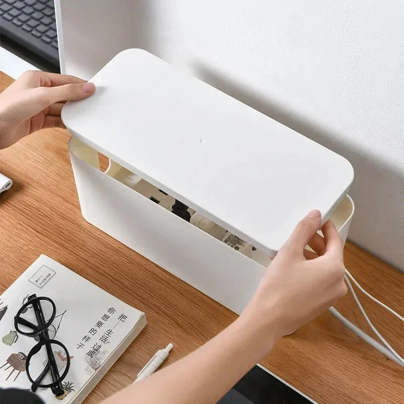 Cable Management Box, Cable Storage Box, Dustproof Wire Storage Box, Plastic Storage Box with Bamboo for TV Wires, USB Hub