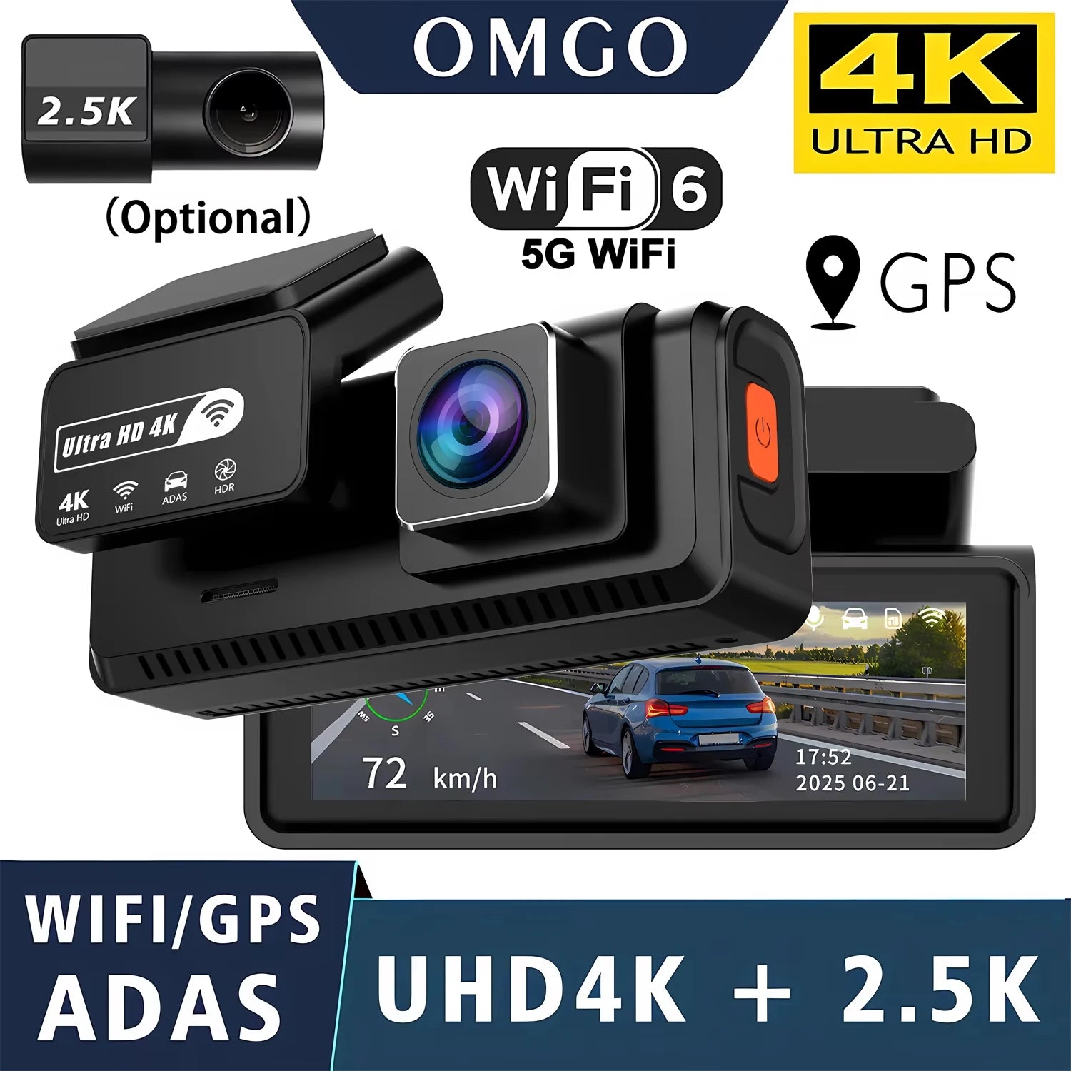 ADAS Dash Cam 4K+2.5K GPS WIFI 24H Night Vision Mini Optional Rear Lens Dashcam Car DVR Video Recorder Camera for Car Black Box