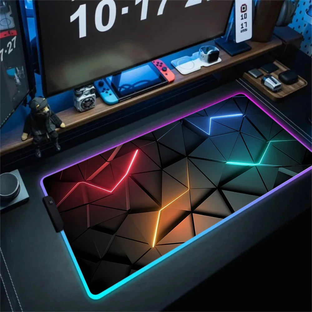 LED Light Gaming Mouse Pad 3D Geometric Desk Mat XXL RGB Game Accessories Large Rubber Anti-Slip PC Computer Carpet with Backlit