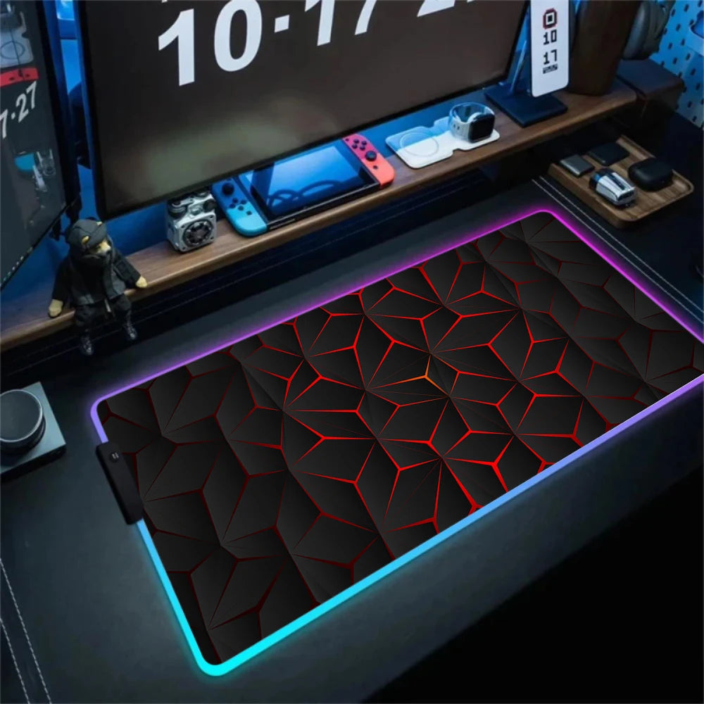 LED Light Gaming Mouse Pad 3D Geometric Desk Mat XXL RGB Game Accessories Large Rubber Anti-Slip PC Computer Carpet with Backlit