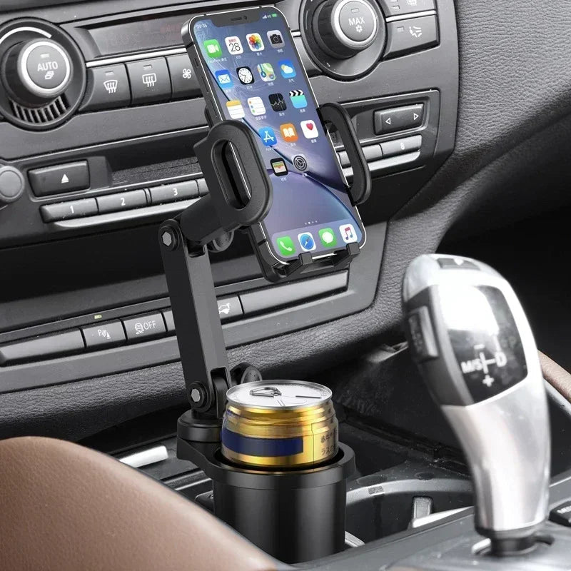 Car Cup Holder Expander with Phone Mount — installed in car console holding phone and drink