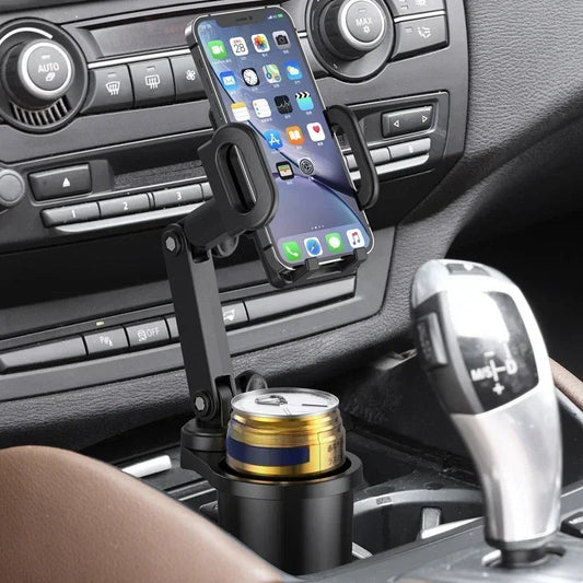 Car Cup Holder Expander with Phone Mount — installed in car console holding phone and drink