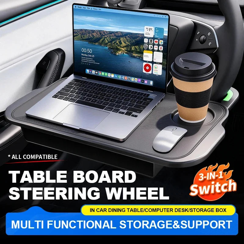 3-In-1 Car Steering Wheel Desk Tray Foldable Laptop Table Food Holder Stand Portable Driver Workstation for Travel and Dining