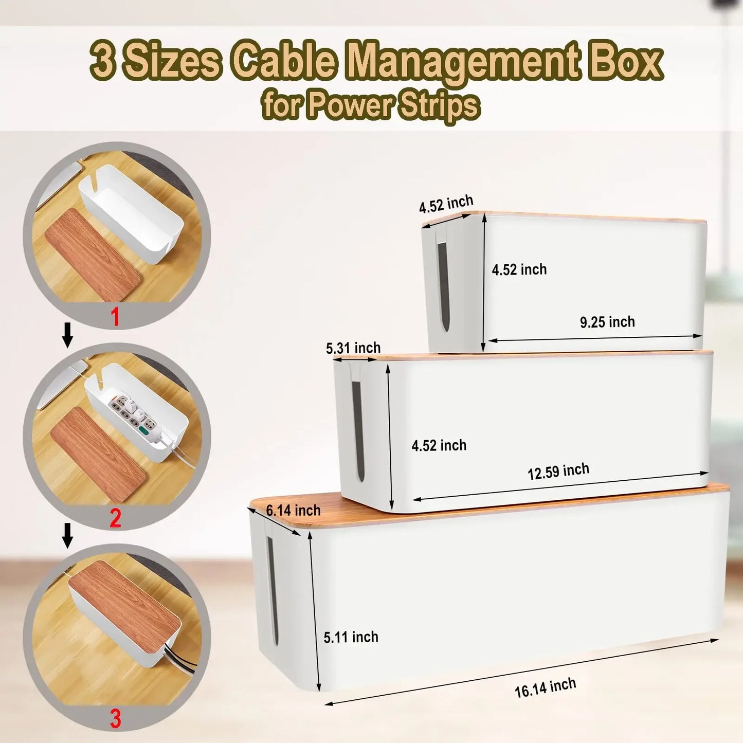 Cable Management Box, Cable Storage Box, Dustproof Wire Storage Box, Plastic Storage Box with Bamboo for TV Wires, USB Hub