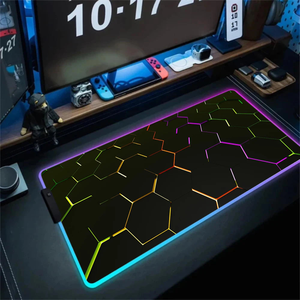LED Light Gaming Mouse Pad 3D Geometric Desk Mat XXL RGB Game Accessories Large Rubber Anti-Slip PC Computer Carpet with Backlit
