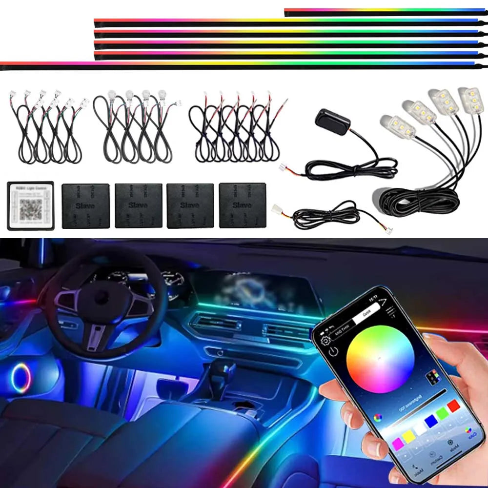 6/10/18 in 1 Car Ambient Light 64 Colors RGB Symphony Streamer Acrylic Hidden Music LED Strip Atmosphere Lamp Kit APP Control