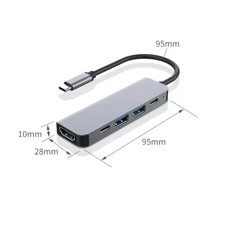 USB-C hub dimensions diagram — approximately 95mm long, 28mm wide, 10mm thick, with a 95mm cable