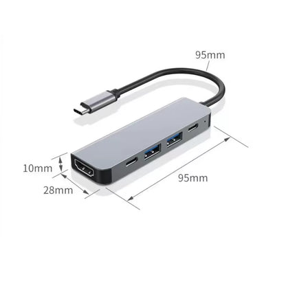 USB-C hub dimensions diagram — approximately 95mm long, 28mm wide, 10mm thick, with a 95mm cable