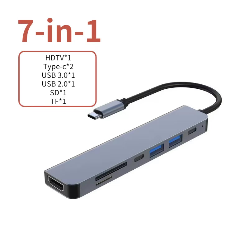 7-in-1 USB-C hub showing HDMI, two Type-C, USB 3.0, USB 2.0, SD, and TF card ports
