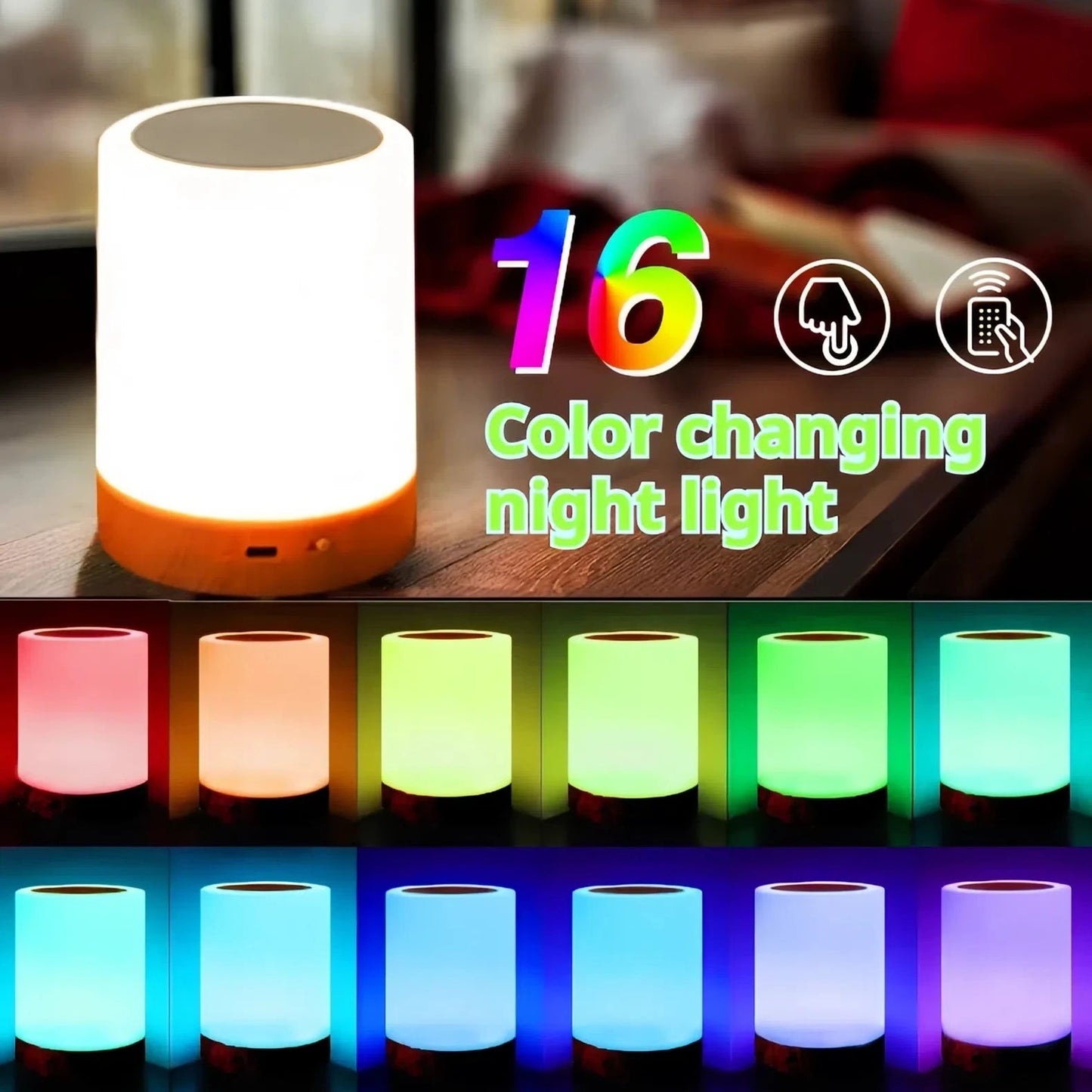 Smart Touch Bedside Lamp — 16-color changing night light with touch and remote control