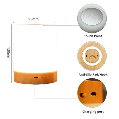 Smart Touch Bedside Lamp — dimensions, touch point, anti-slip base, and USB-C charging port