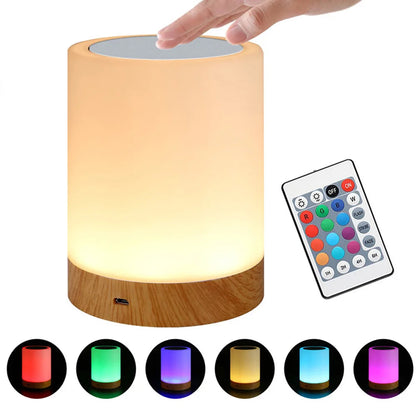 Smart Touch Bedside Lamp — lamp with wireless remote control and 16 color-changing options on white background