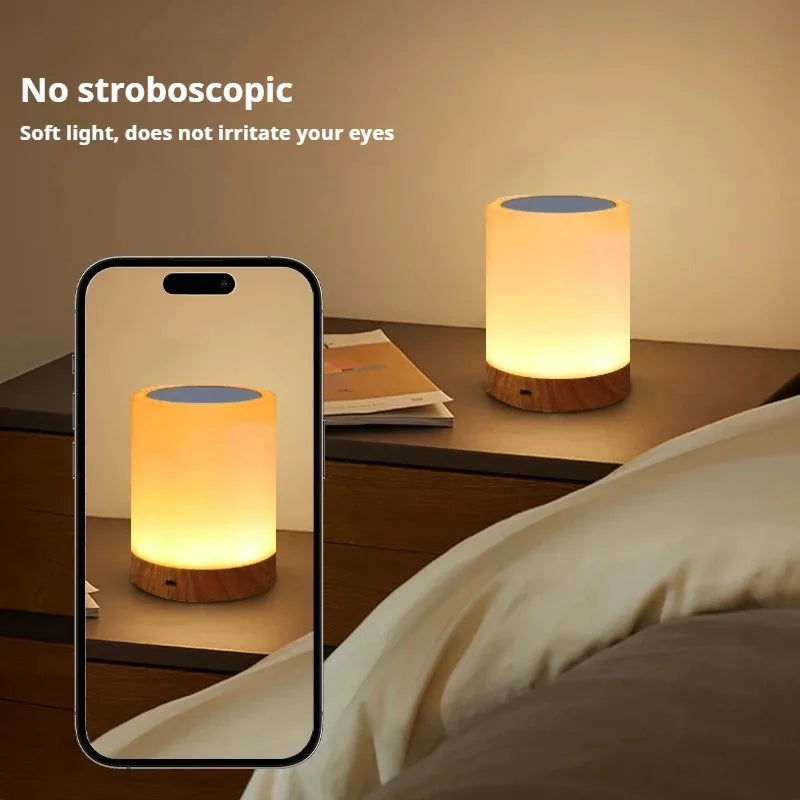 Smart Touch Bedside Lamp — no-stroboscopic soft light glowing on a nightstand