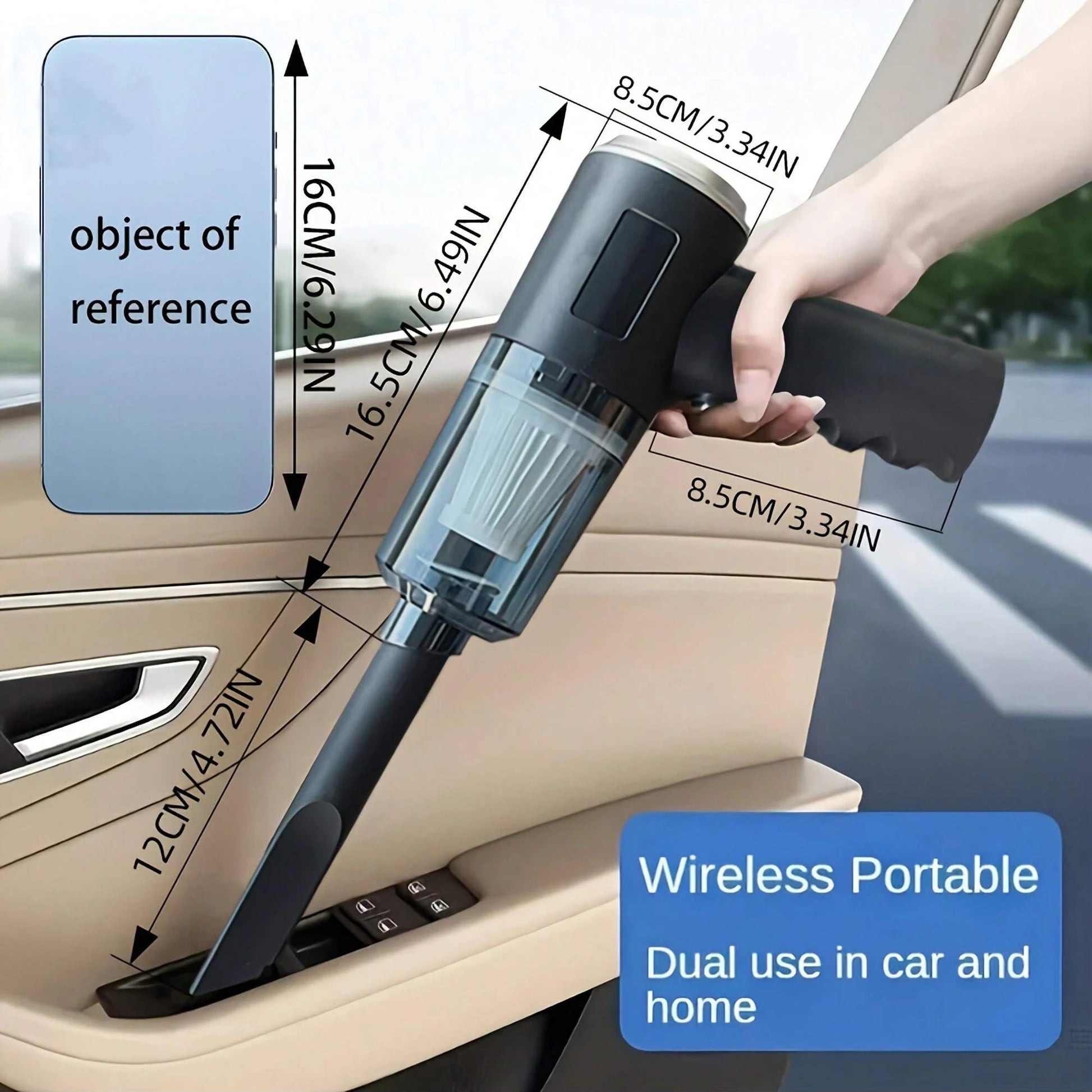 3-in-1 Cordless Car Vacuum — compact dimensions, wireless portable design for car and home
